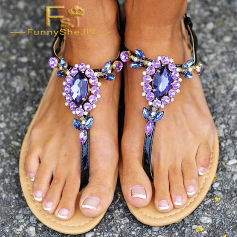 

Purple Jeweled Thong Rainstone T Strap Open Toe Summer 2019 Beach Flat Heeled Dress Casual Sandals Shoes Leisure Women FSJ Sexy