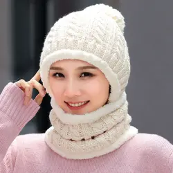 HT2079 толстые теплые зимняя шапка шарф Набор Для женщин Твердые вязаная шапка женская Лыжная вязаная шапка шарф ветрозащитный езда
