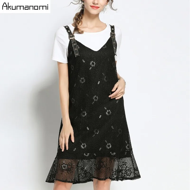 

2 Piece Set Short Sleeve Cotton White T-shirt O-neck Tops Lace Sling Dress Summer Two Piece Set Plus Size 5xl 4XL 3XL 2XL-M