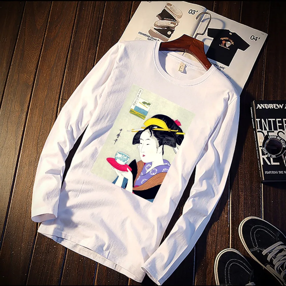 

2018 Pure Cotton T-Shirt Vintage Geisha Japanese Artwork Printed Long Sleeve Fashion Casual Tops & Tees Brand Unisex Clothing