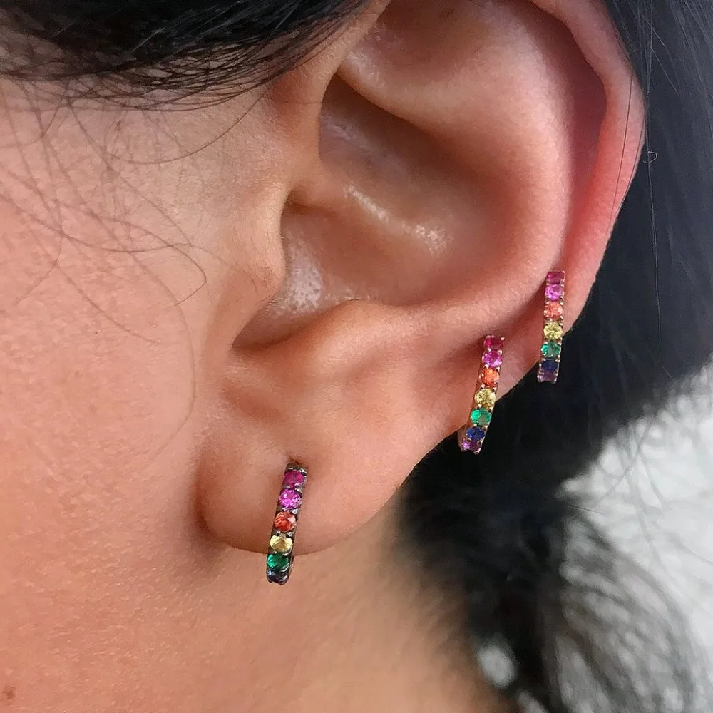 

classic minimal vermeil hoop earring with rainbow colorful cubic zirconia rose gold color 925 sterling silver huggie hoops