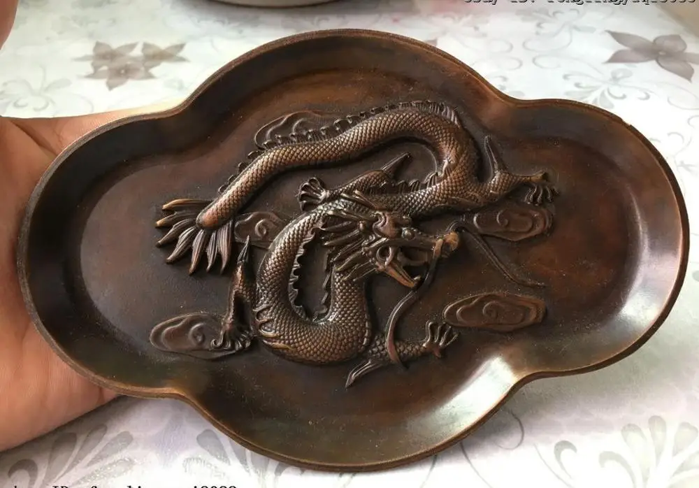 

Palace Old Copper Dragon Plate Inkstone Inkslab Ashtray writing-brush washer