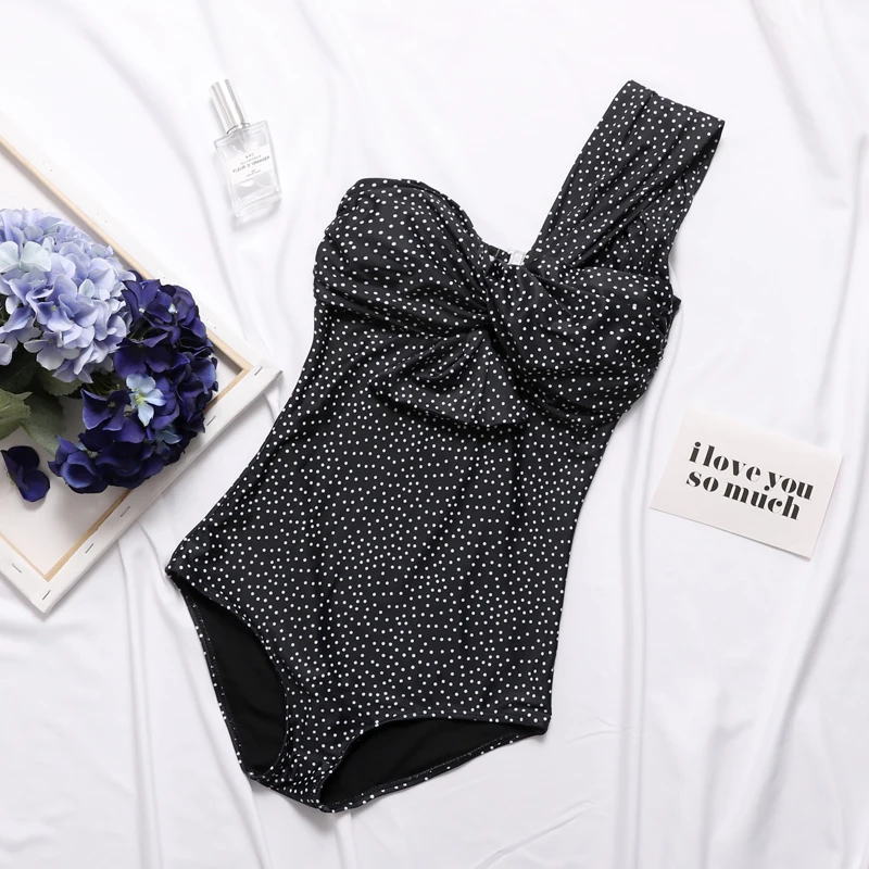 Black white dots Купальник, сдельный купальник, женский купальник на одно плечо, винтажная пляжная одежда, Одноцветный купальный костюм, ретро купальник, сексуальный купальник с открытой спиной - Цвет: Black white dots