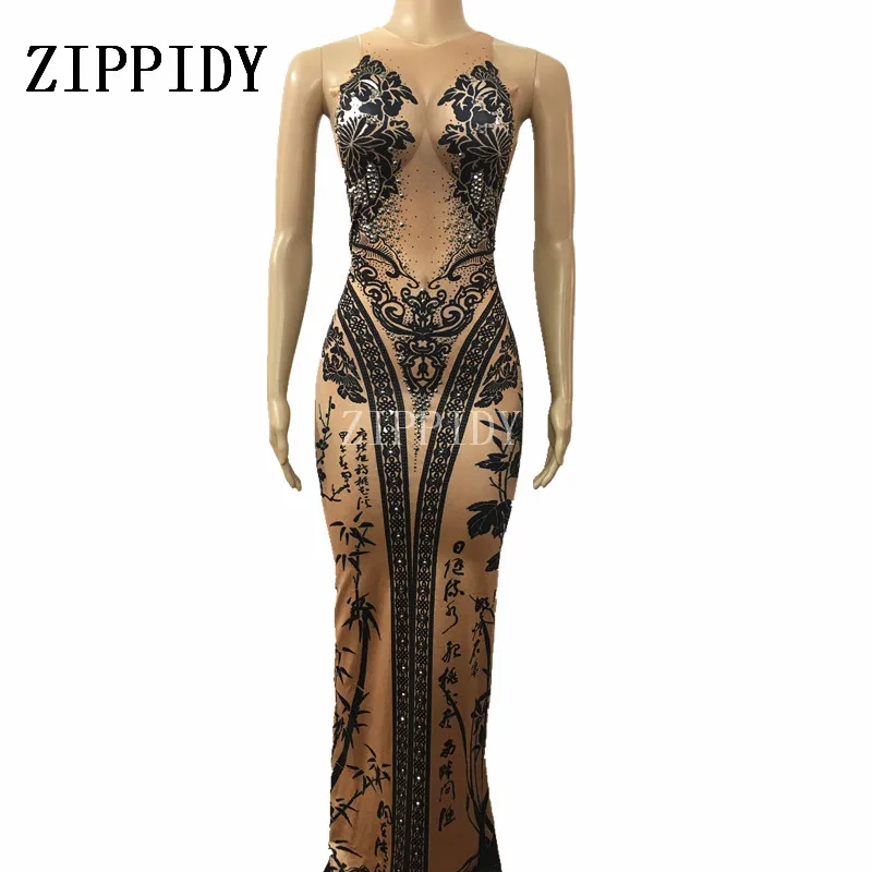 

Chinese Bamboo Printed Long Dress Bright Crystals One-piece Costume Female Singer Nigjtclub Party Show Celebrate Outfit Clothes