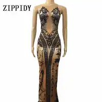 Chinese Bamboo Printed Long Dress Bright Crystals One-piece Costume Female Singer Nigjtclub Party Show Celebrate Outfit Clothes