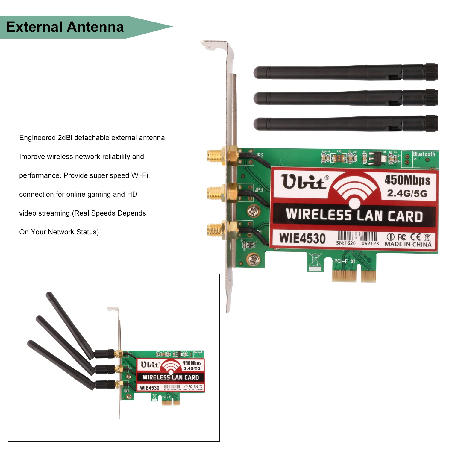 Ubit Беспроводная PCI-E Express карта WiFi сетевой адаптер карта Поддержка двух диапазонов(2,4 ГГц 450 Мбит/с или 5 ГГц 450 Мбит/с) с 3 шт антенной