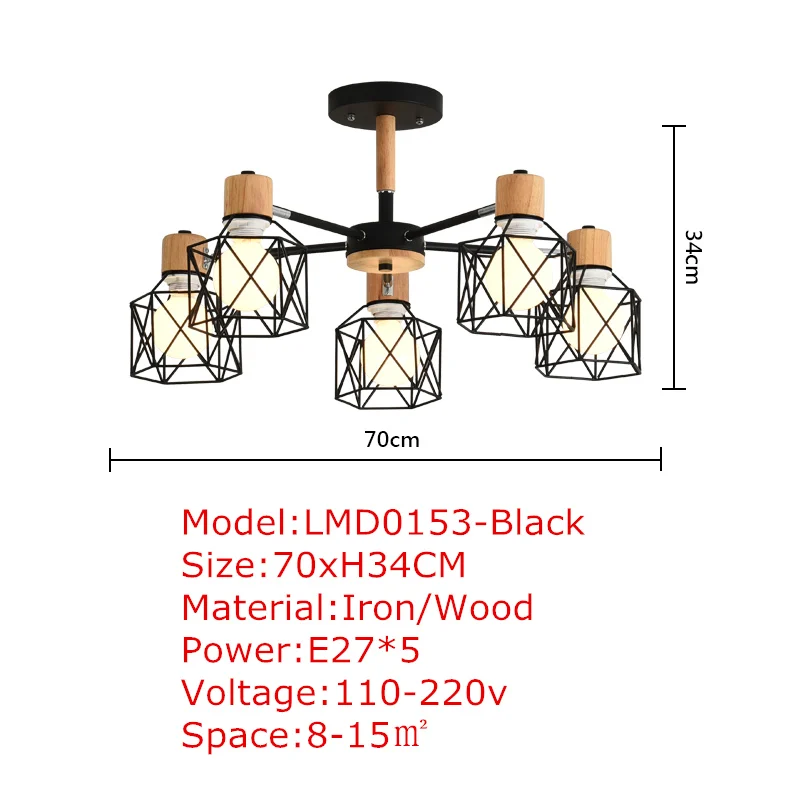 TRAZOS деревянные подвесные светильники для Железный Абажур для гостиной светодиодный E27 Освещение Люстры Para Sala промышленный светильник для дома - Цвет корпуса: Black 5 light