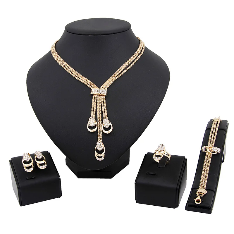

LNRRABC Fashion Women Vintage Gold-Color Bridal Rhinestone Necklace/Earrings/Ring/Bracelet Wedding Jewelry Sets Wholesale