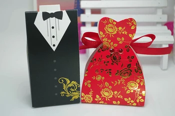 

Newest High Quality Wedding Candy Box Chocolate Box Bride & Groom Box Bronzing Pattern Including Ribbon Red And Pink