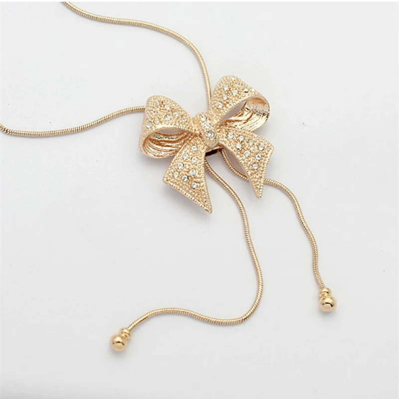 

2018 Fashion Long Statement Gold Color and Silver Plated Crystal Bowknot Pendants Copper Chain Chokers Necklaces Women Jewelry