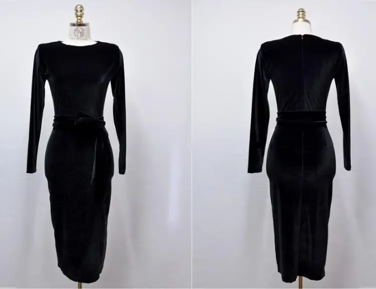 Зимние вечерние офисные платья для женщин, сплошное черное облегающее винтажное платье с длинным рукавом, бархатное платье-футляр с разрезом - Цвет: Черный
