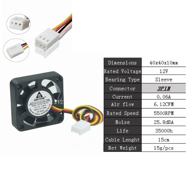 Gdstime 2 шт. 24 в 12 В 5 в 40 мм x 10 мм маленький осевой кулер 4 см 2Pin шарикоподшипник DC бесщеточный вентилятор охлаждения 40x40x10 мм 4010 3Pin - Цвет лезвия: 12V 3Pin