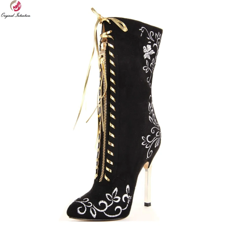 Goede Originele Bedoeling Nieuwe Prachtige Vrouwen Mid Kalf Laarzen Spitse Neus Metalen Dunne Hakken Laarzen Zwart Rood Schoenen Vrouw US maat 4 10.5