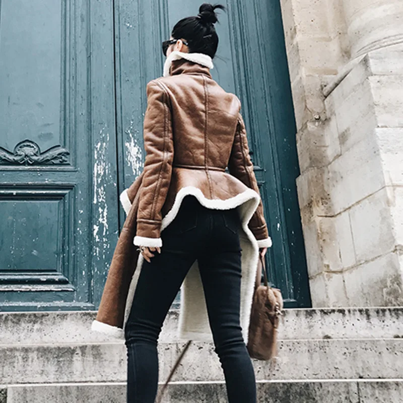 [EAM] новая осенне-зимняя куртка с воротником-стойкой и длинным рукавом коричневого цвета из искусственной кожи Irreuglar Hem, свободная плотная Женская куртка, модное пальто BE285