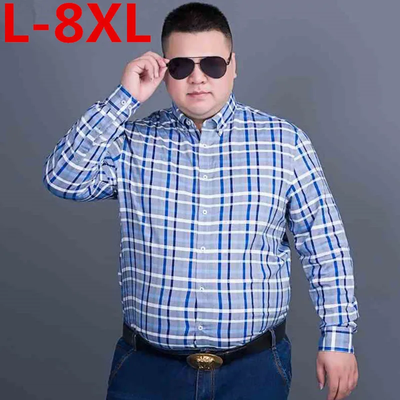 Большие размеры 8XL 7XL 6XL 5XL Для мужчин плед 100% хлопковое платье мужской рубашки с