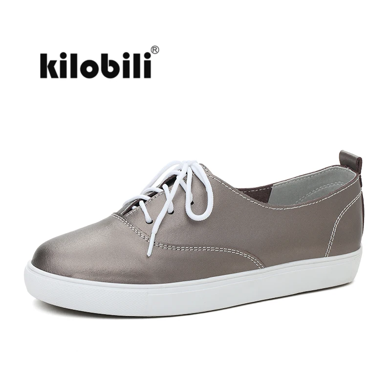 

kilobili 2018 Spring women casual flat sneakers shoes genuine leather flats female lace up white rubber boat shoes oxford shoes