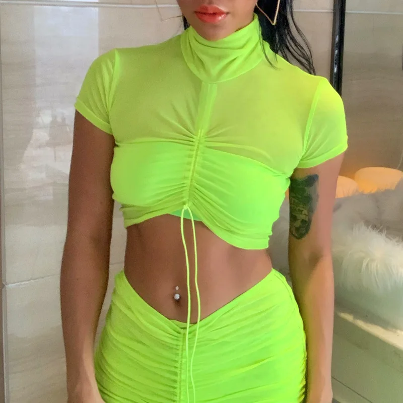 

Crop Top Midi Long Skirts Sexy 2 Piece Set Women 2019 Summer Outfits New Drawstring Fluorescence Neon Party Two Piece Set