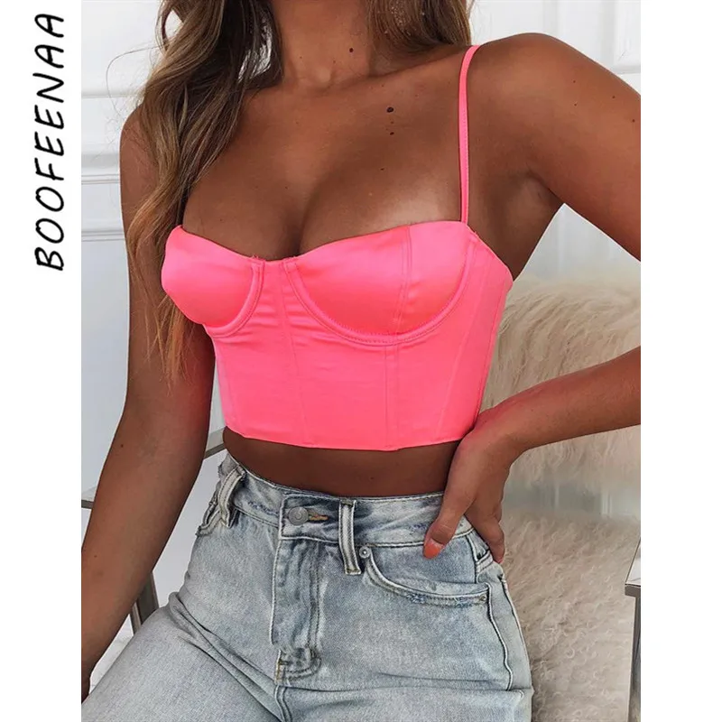 

BOOFEENAA Sexy Bustier Crop Top Women Clothes 2019 Rave Festival Club Wear Lime Green Hot Pink Black Summer Tank Tops C66-G87