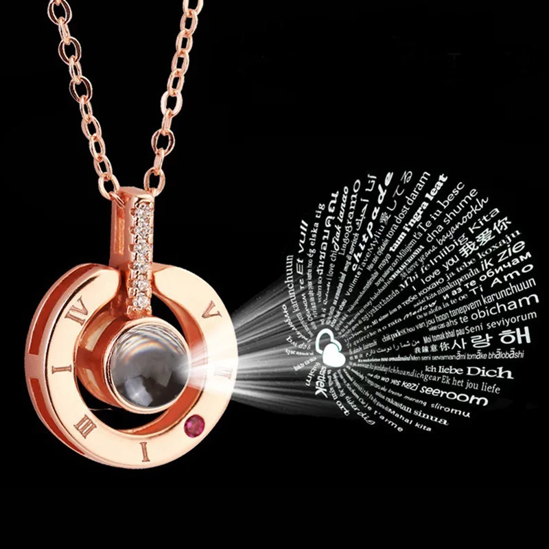 

100 languages I love you Projection Pendant Necklace Rose Gold&Silver Romantic Love Memory Wedding Necklace love gift