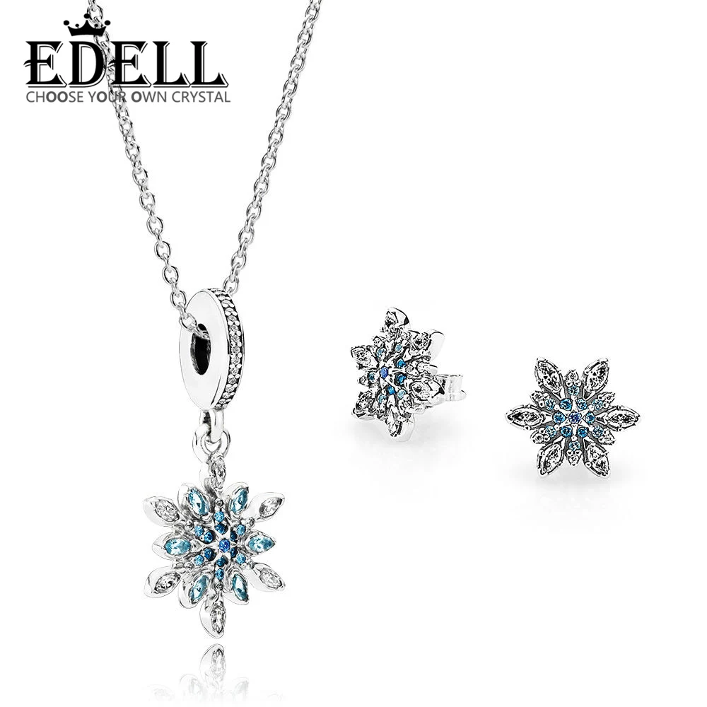 

EDELL 100% 925 Sterling Silver 1:1 Genuine Glamorous Crystal Snow Ear Studs Pendant Necklace Original Women PAN