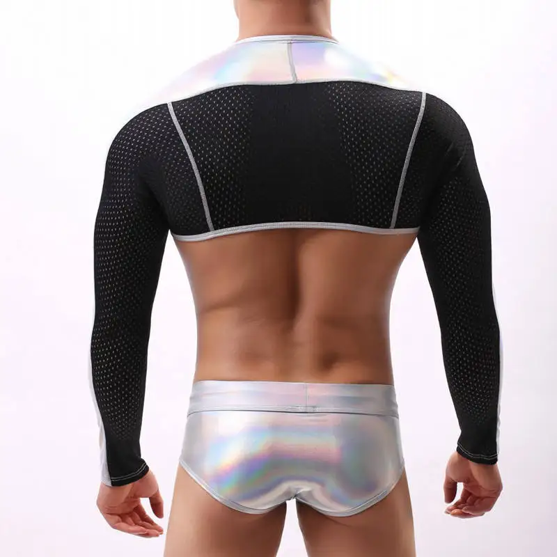 Mens Undershirt Long Sleeve Shrug Faux Leather Underwear Gay Dance Muscle Tights Undershirts Arm Sleeves Shrug Snug-Fitting 2019