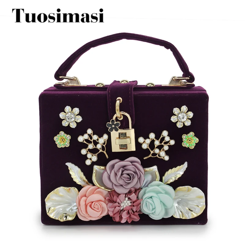 2017 New fashion black velvet box bag Women handbag femme flower evening bag luxury Diamond day ...