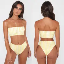 Women Bandage Push-up Padded Bikini Set Stripe Yellow
