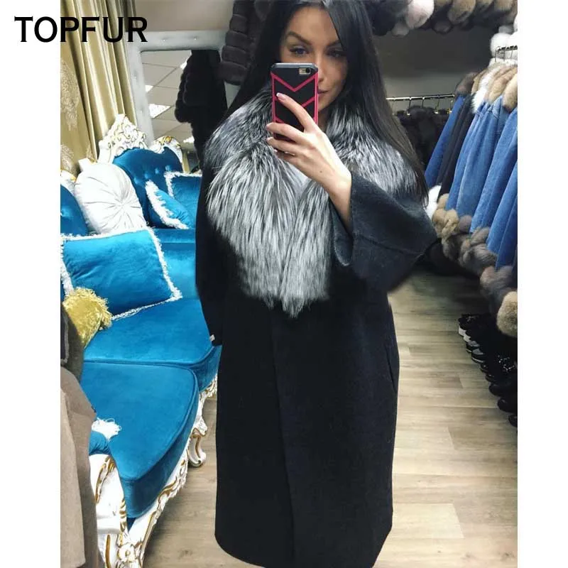 Black Women Real Fur Coat Luxury Woolen Skin Wool Leather Warm Coat With Thick Silver Fox Fur Collar Cashmere Plus Size Casual