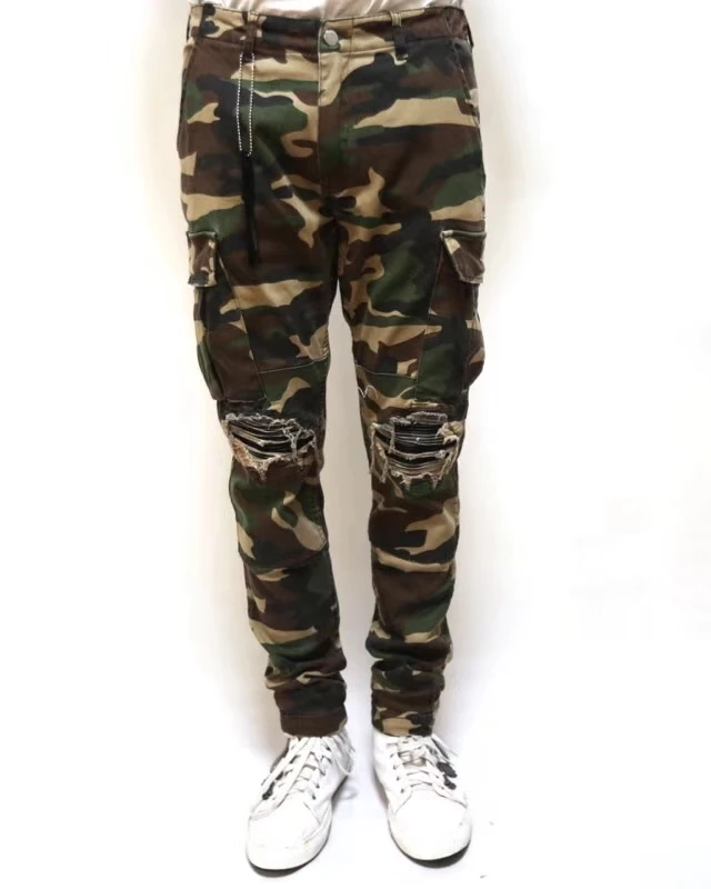 

men leather ribbed patch distressed camo cargo jeans