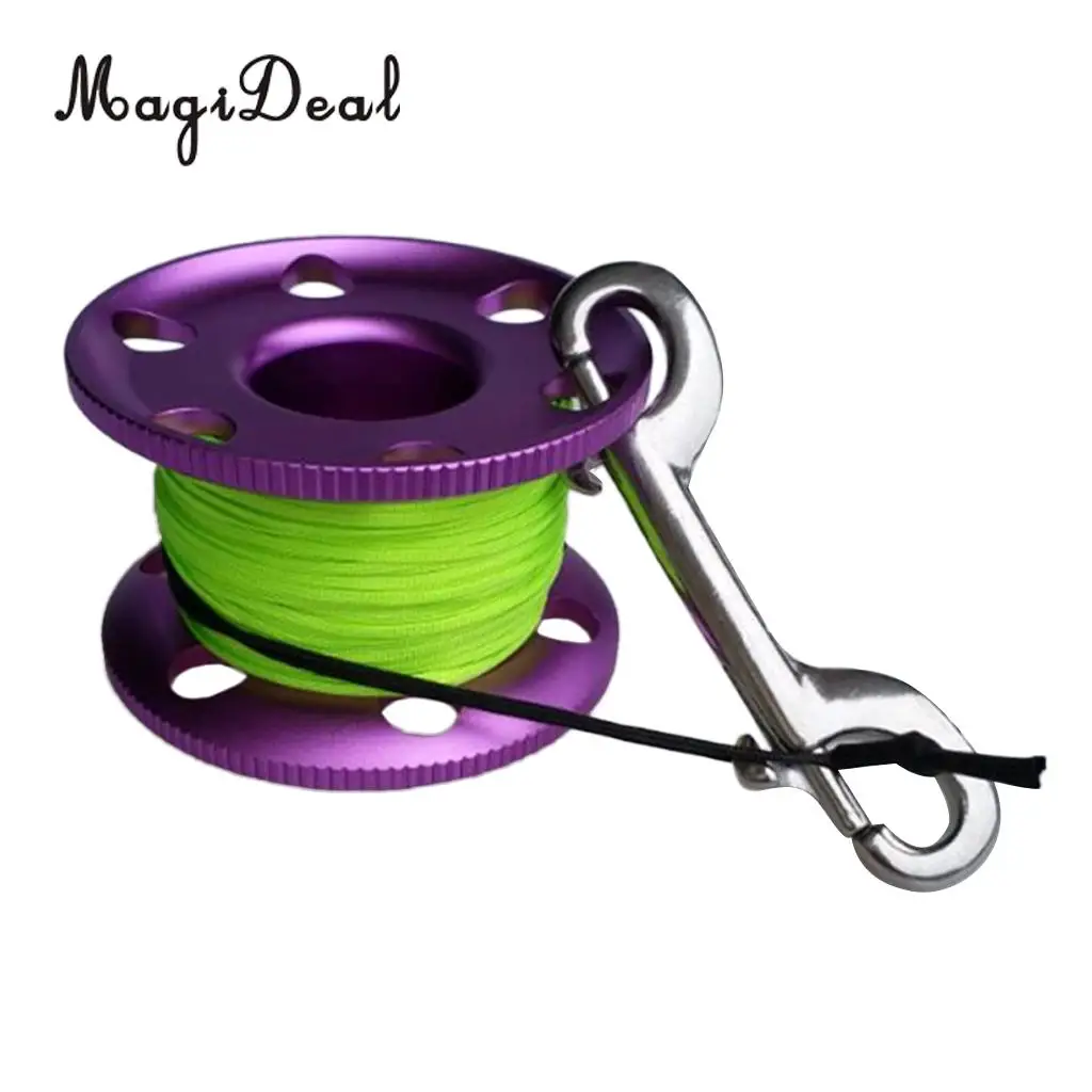 MagiDeal Scuba Diving Aluminium Finger Spool Reel Line Stainless Steel Snap Bolt Clip 20/30/50M Blue Purple Black