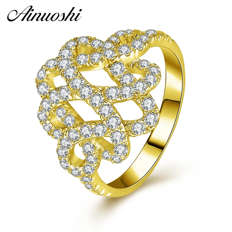 

AINUOSHI 10K Solid Yellow Gold Weaving Pattern Ring Row Drill Shinning CZ Cluster Ring Bridal Band Bague Engagement Lady Jewelry