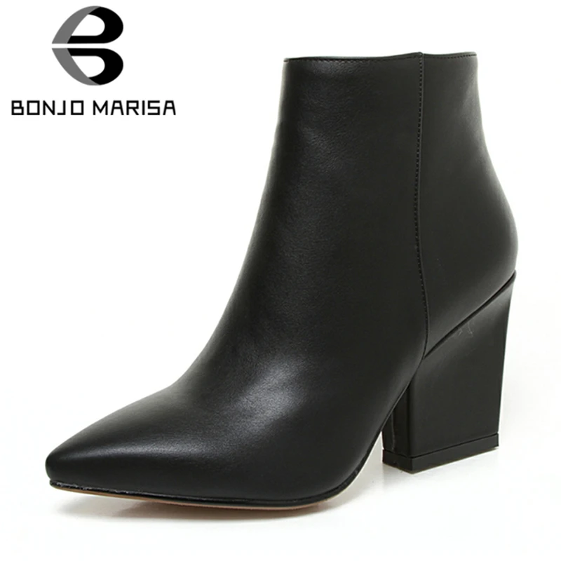 

BONJOMARISA 2019 Spring Solid OL Mature Black Ankle Boots Women Zip Closure Pointed Toe High Heels Shoes Woman Large Size 32-43