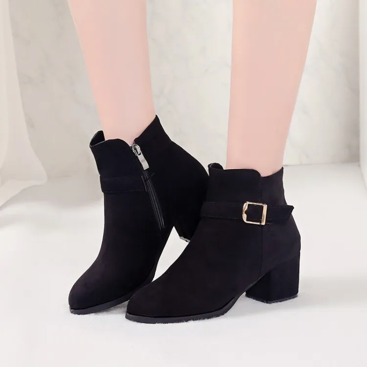 

Big Size 11 12 13 14 Suede round head thick high heel side zipper belt buckle metal decorative short canister Martin boots