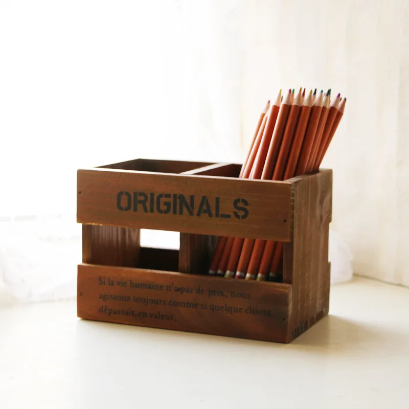 1PC Creative Retro Wood Pen Holders 2 Grids School Office Students