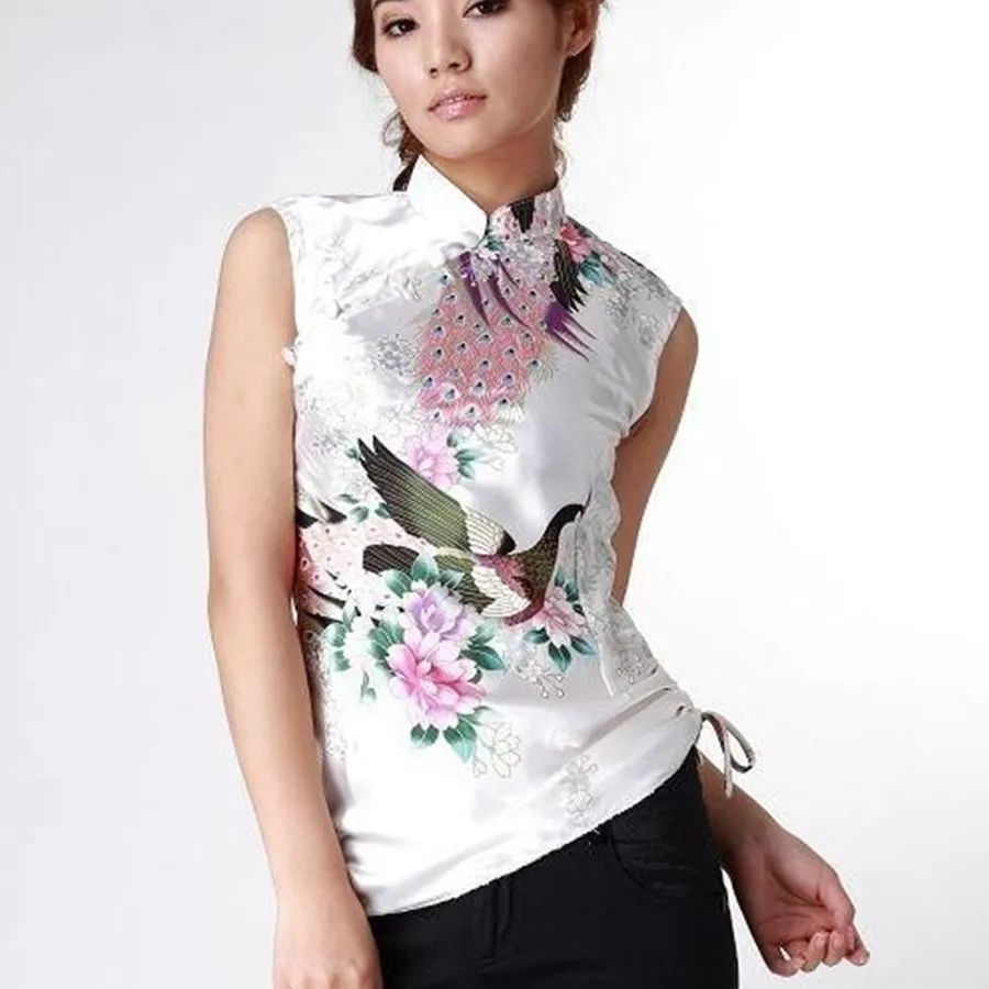 Free Shipping White Chinese Women's Silk Rayon Shirt Tops