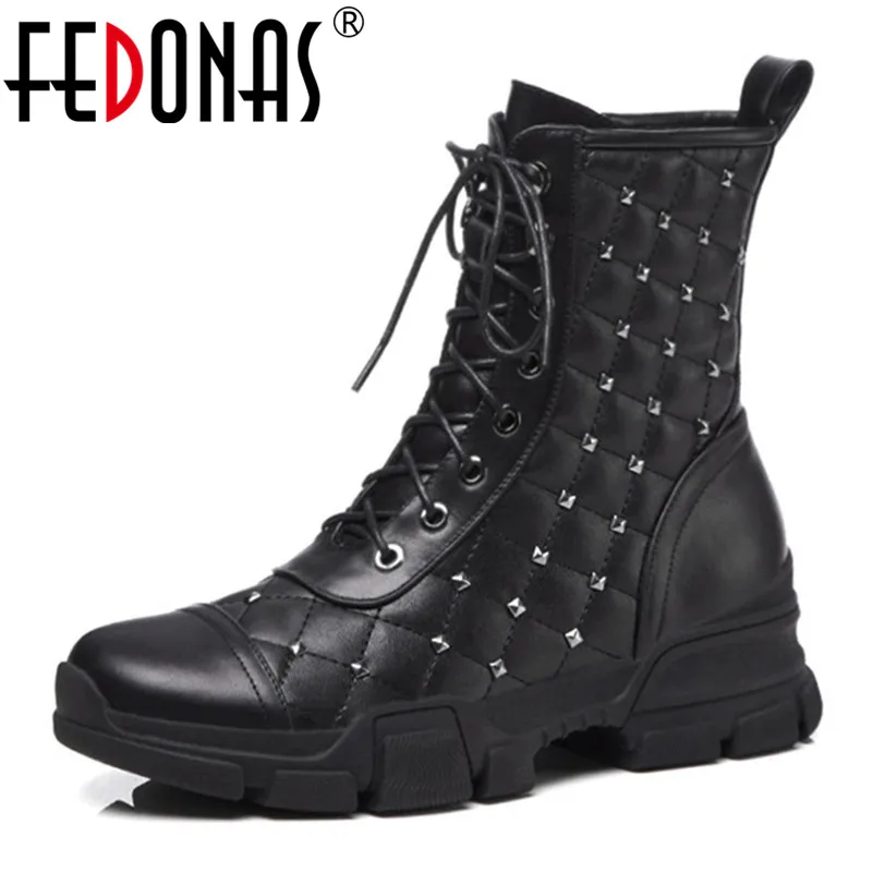 

FEDONAS Punk Women Ankle Boots Autumn Winter Corss-tied Rivets Martin Shoes Woman Motorcycle Boots Platforms New Woman Shoes