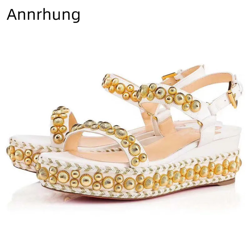

Vine Knitted Wedges Sandals Rivet Ball Decor Platform Shoes Woman Sexy One Strap Studded Party Fisherman Shoes Cozy Sandalias