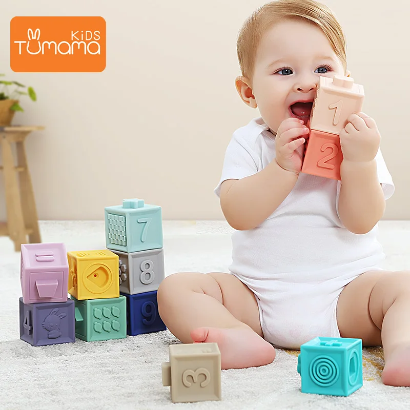 Tumama 12 pièces bébé jouets saisir balle blocs de construction 3D toucher main balles souples Massage en caoutchouc dents presser jouet balle de bain jouets