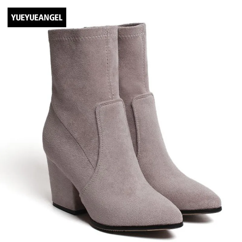 

Retro Pointed Toe Womens Ankle Boots Sheepskin Genuine Leather Comfort Block High Heel Shoes British Winter Fashion Knight Boots