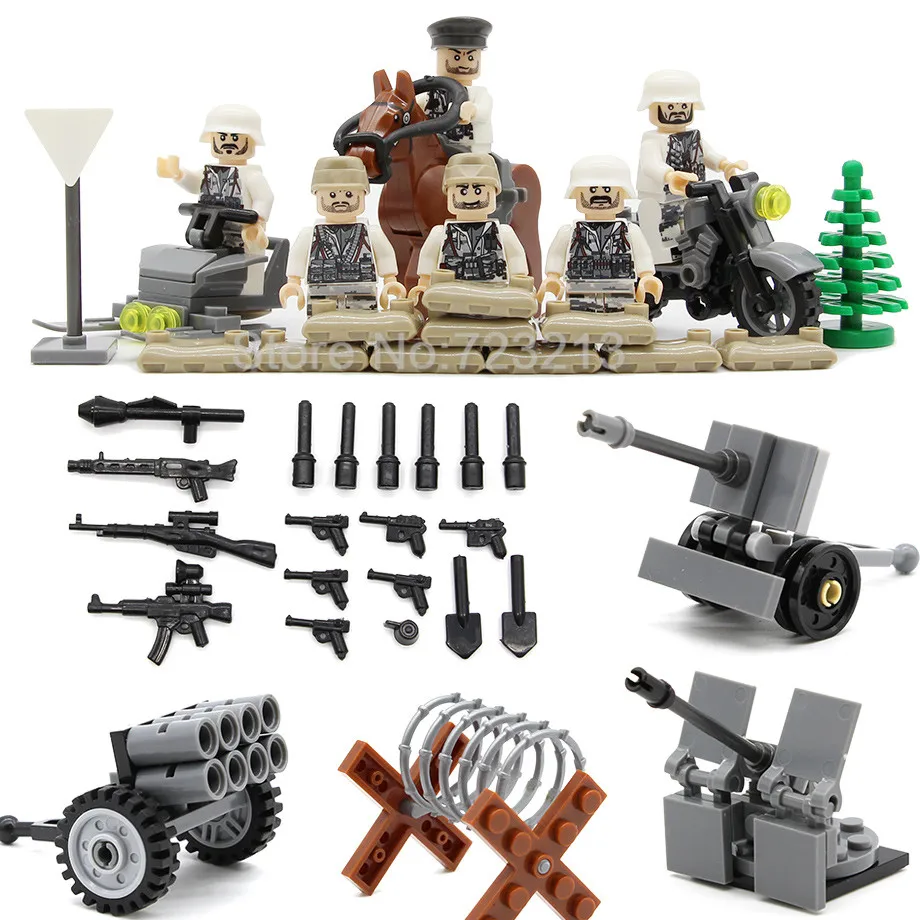 

6pcs Military Figure Set Germany Snow Army Rider Ski Cavalry Soldiers Weapon Building Blocks Kits Toys Bricks for Children