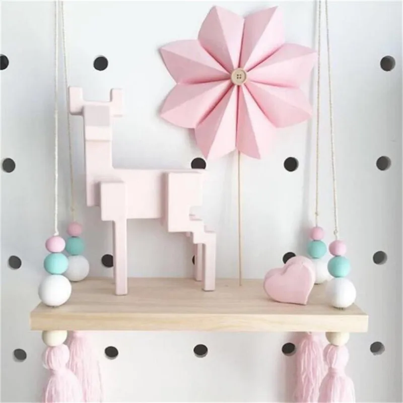 

1Pc Kids Room Wooden Shelf with Board Pearl Nordic Decoration Wall Hanging Wood Furniture Toys Wall Decorative Frame Props