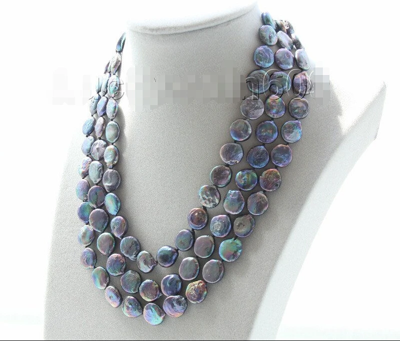 

>>>>adjustable 15.5"-17.5" 3row 12mm coin fastener black pearls necklace e2267
