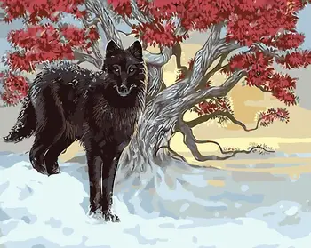 

Red leaf Wolf By Numbers Modern Wall Art Handpainted Oil Painting on Canvas for Home Decor Frameless Picture 40*50cm