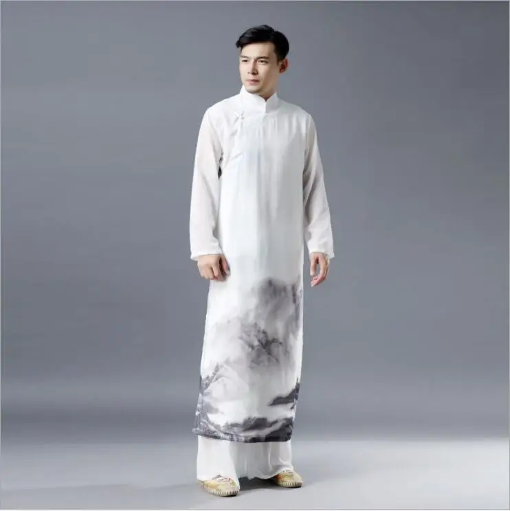 Длинный рукав летний мужской китайский стиль Национальный шифон длинный халат китайский стиль костюмы мужская Китайская одежда розовое платье