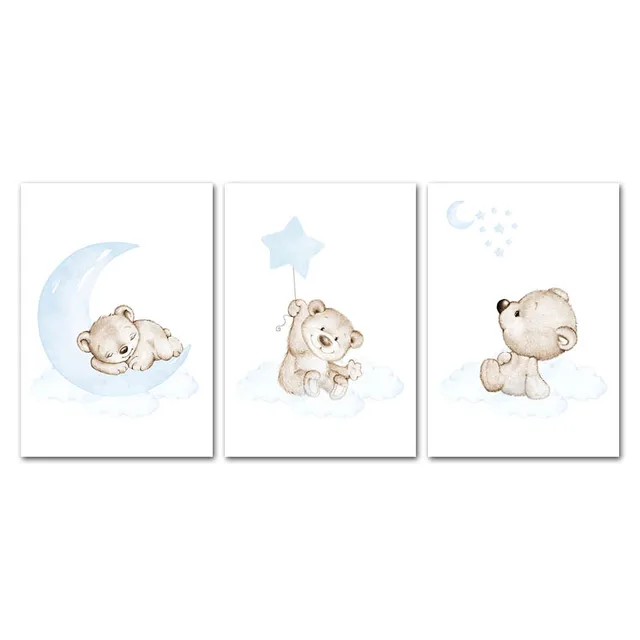 Moon Star Bear Child Wall Poster Canvas Art Print Simple Cartoon Painting Nordic Kids Decoration Picture Baby Boy Bedroom Decor 3 Pcs Set