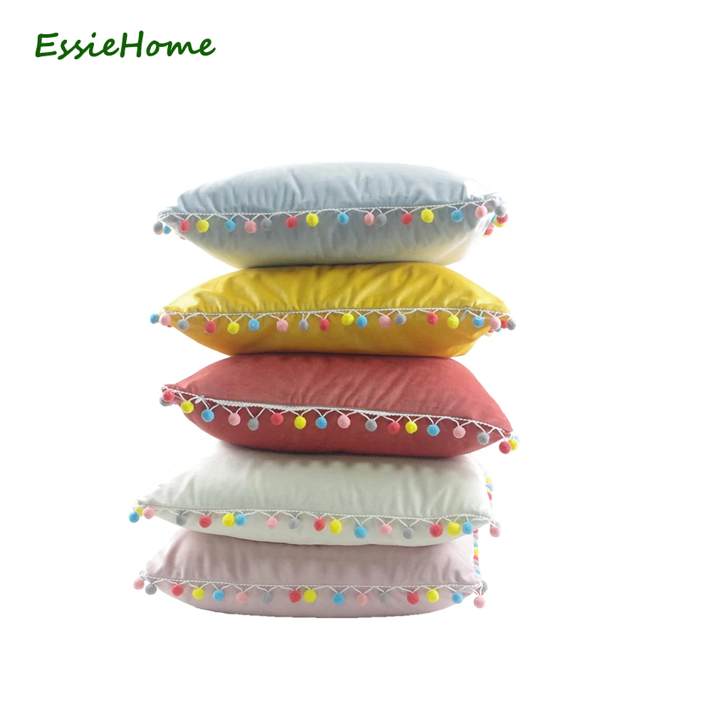 

ESSIE HOME Cushion Cover Pillow Case Pink Cute Soft Velvet Pom Pom Trim Tassel Lovely Children's Room Decoration
