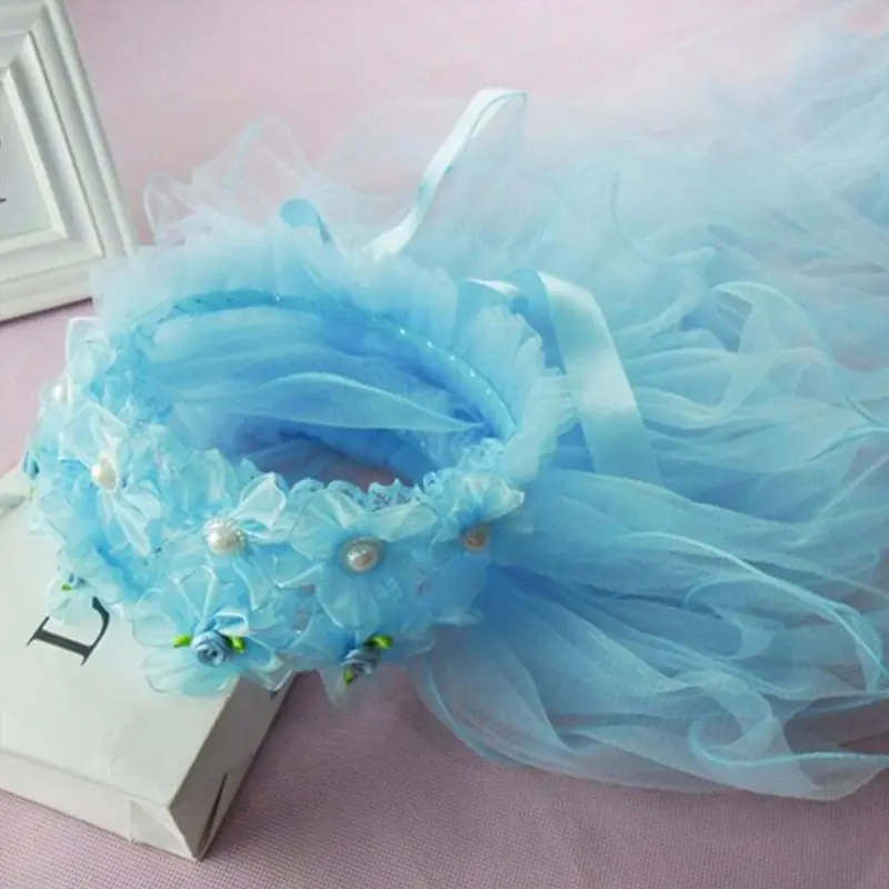 

Child Girls Wedding Hairband Lace Flower Wreath Crown Double Layer Mesh Veil Ruffles Faux Pearl Beads First Communion Headband