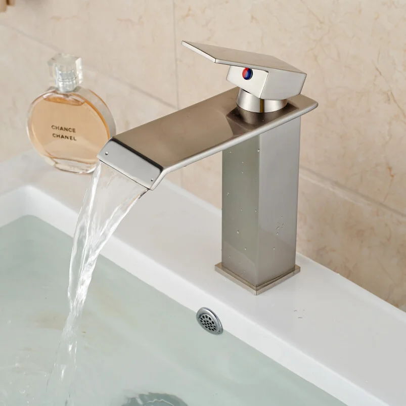 

Free Shipping Waterfall Basin Sink Vessel Mixer Water Faucet Brushed Nickel with Hot and Cold Water