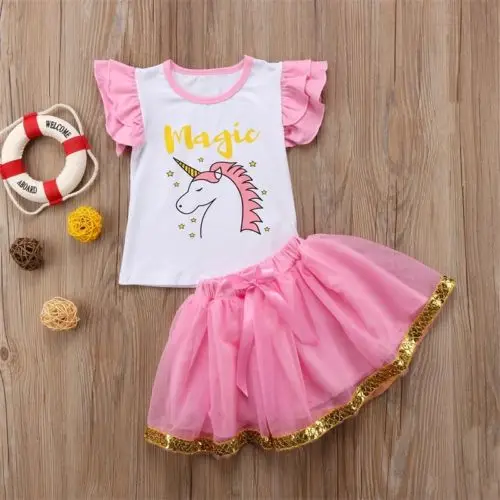 

Unicorn Kids Baby Girls Outfits Clothes Short Sleeve T-shirt Tops Tutu Clothes 2PCS Set Children Unicorn Tutu Dress