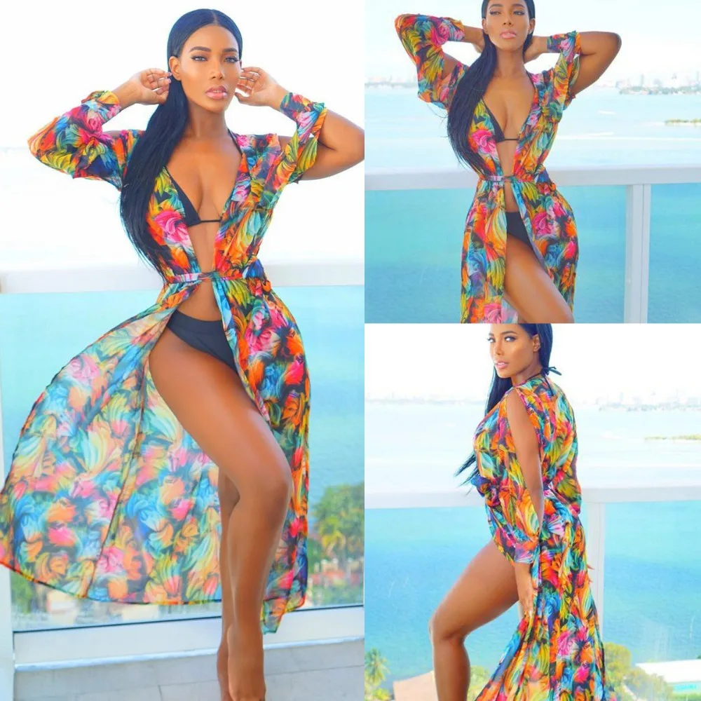 

OMKAGI Ultra Thin Chiffon Bikini Beach Cover Up Long Multi Color Summer Dress Woman Swimsuit Swimwear Bathing Suit Cover-Ups